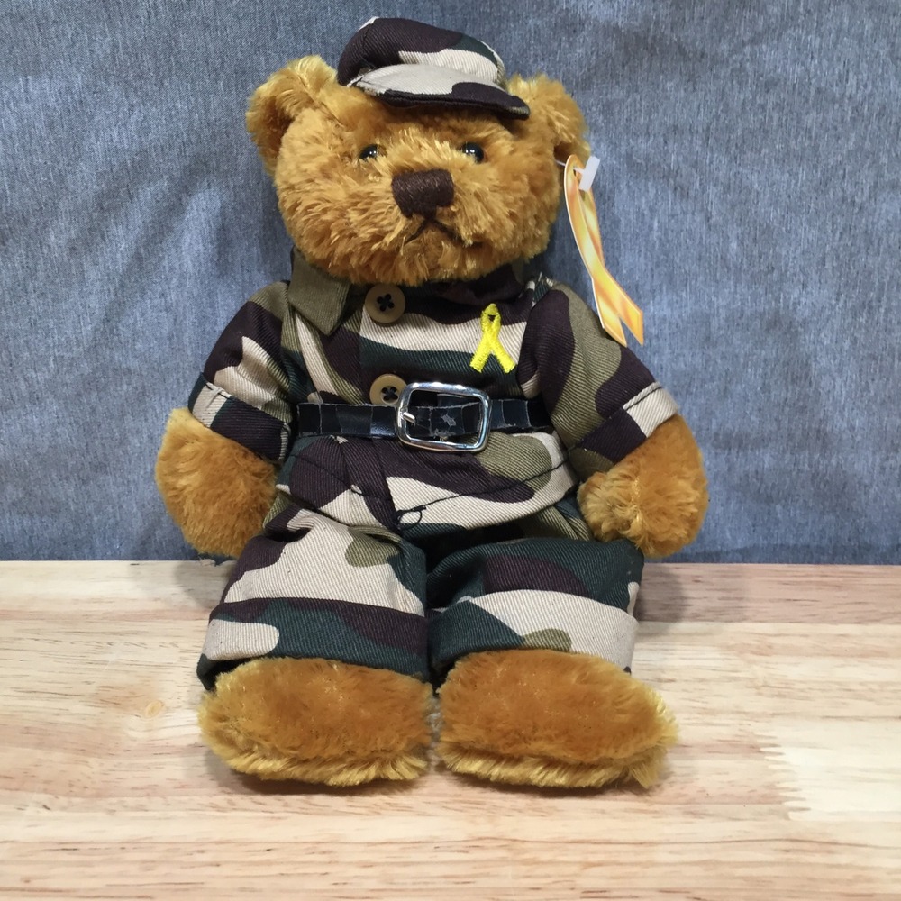 Plushland Support Our Troops Camo Military Teddy Bear Yellow Ribbon NWT